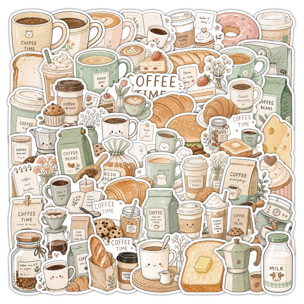 Coffee Tea Journal - 50-100 PCS Coffee Time Stickers Cartoon